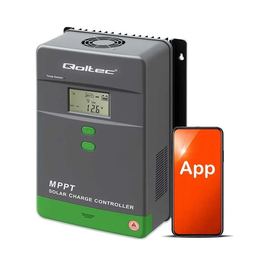 Qoltec 53670 Solar Charge Controller MPPT with Temperature Sensor 80A | 12V / 24V | LCD | Bluetooth | App | GEL | LiFePO4