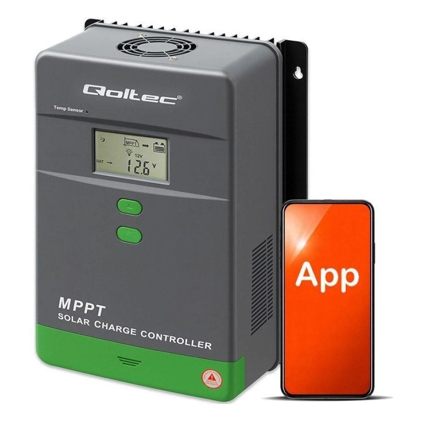 Qoltec 53670 Saulės įkrovimo valdiklis MPPT su temperatūros jutikliu 80A | 12V / 24V | LCD | Bluetooth | Programėlė | GEL | LiFe – 5