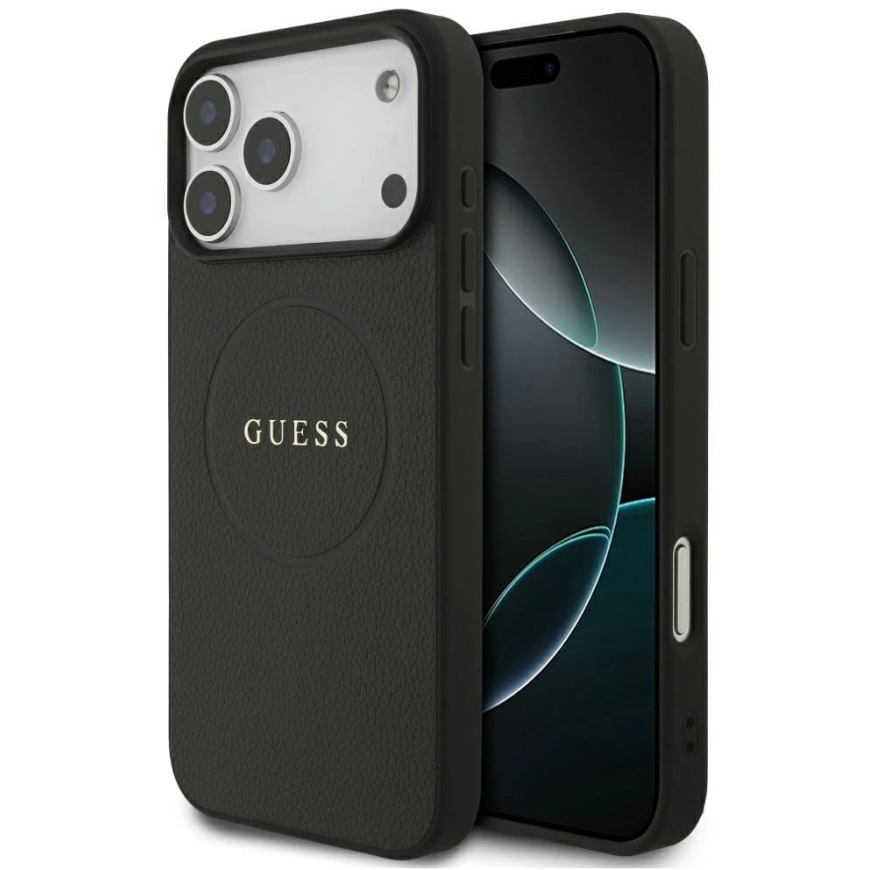 Guess Grained Gold Ring MagSafe Case for iPhone 18 Pro Max / 17 Pro Max - black