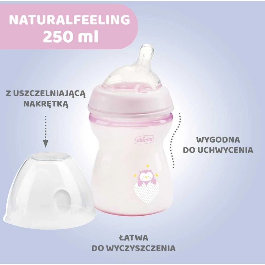 Chicco Пластиковая бутылочка NaturalFeeling розовая 250мл 2м+ – 2