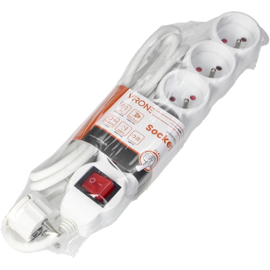 Orno Pagarinātājs 5 kontaktu pagarinātājs 2P+Z, ar slēdzi, 3m H05VV-F 3x1.5mm2, Imax16A, plakans kontakts, balts – 2