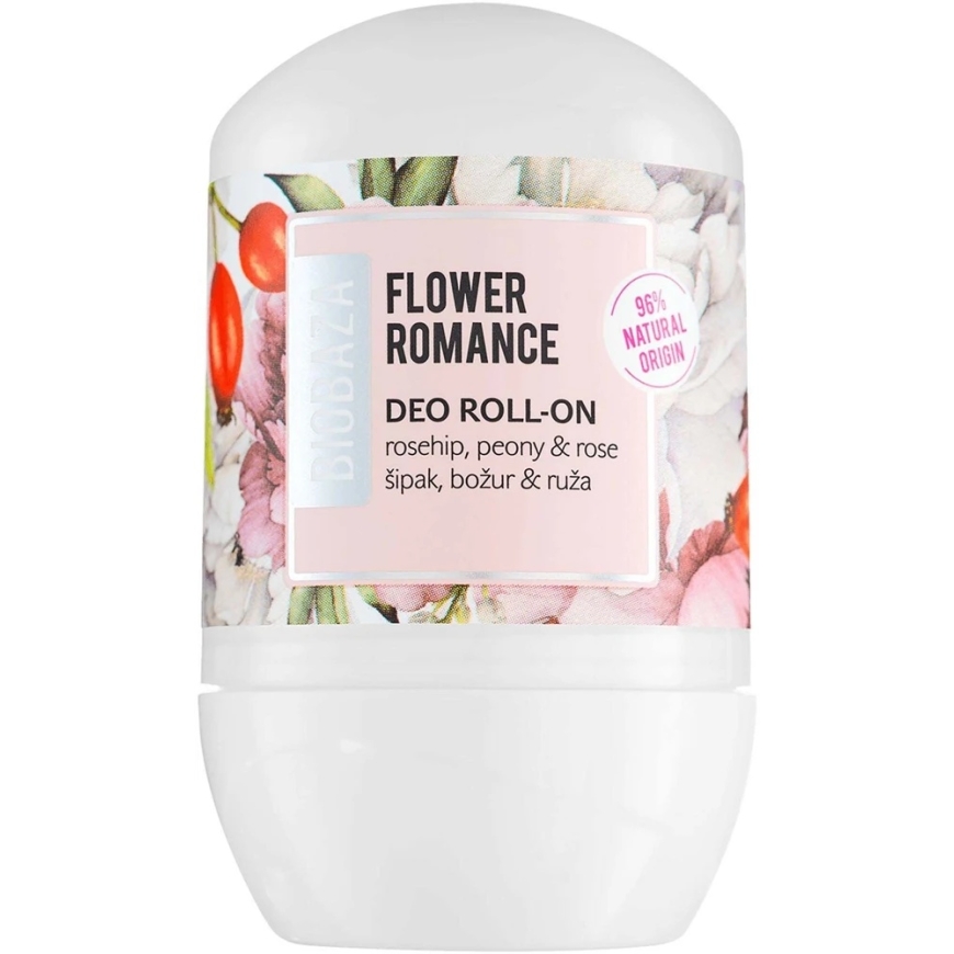 Biobaza Flower Romance natūralių ingredientų gaivinantis gėlių dezodorantas roll-on moterims, 50 ml – 2