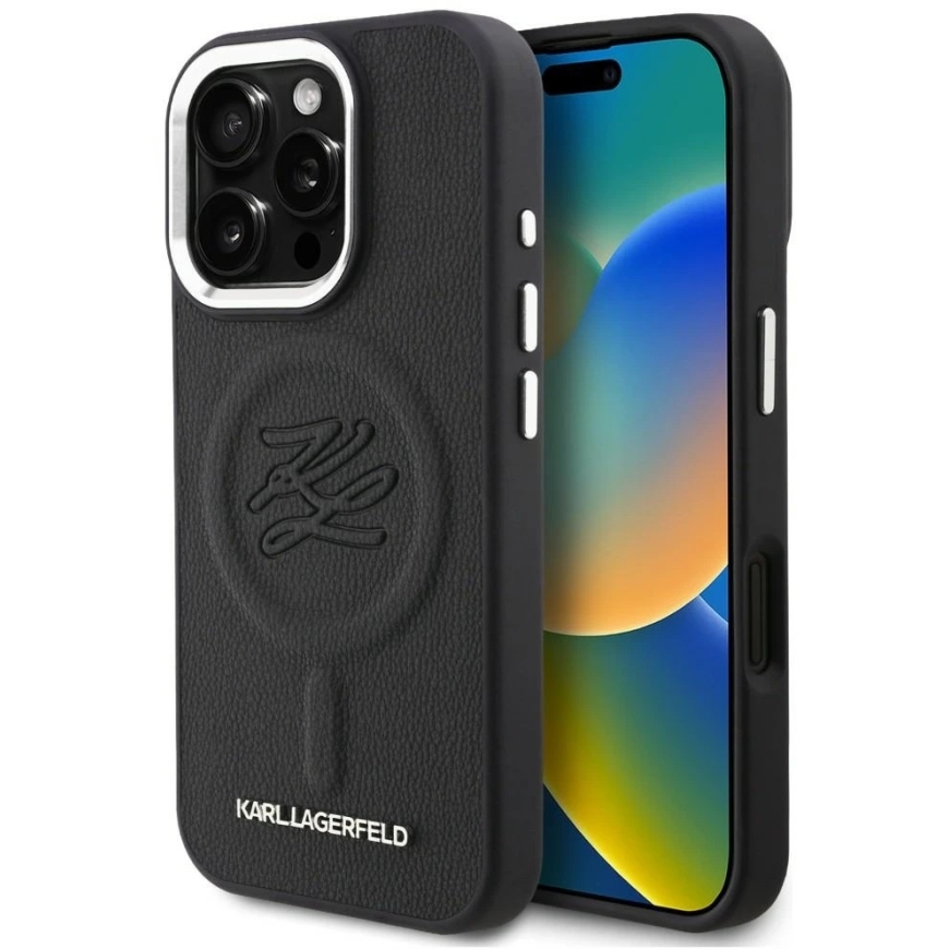 Karl Lagerfeld "MagSafe" -kuori, jossa on alkuperäiskirjaimet ja metallilogo, "iPhone 16 Pro" -mallille – Musta