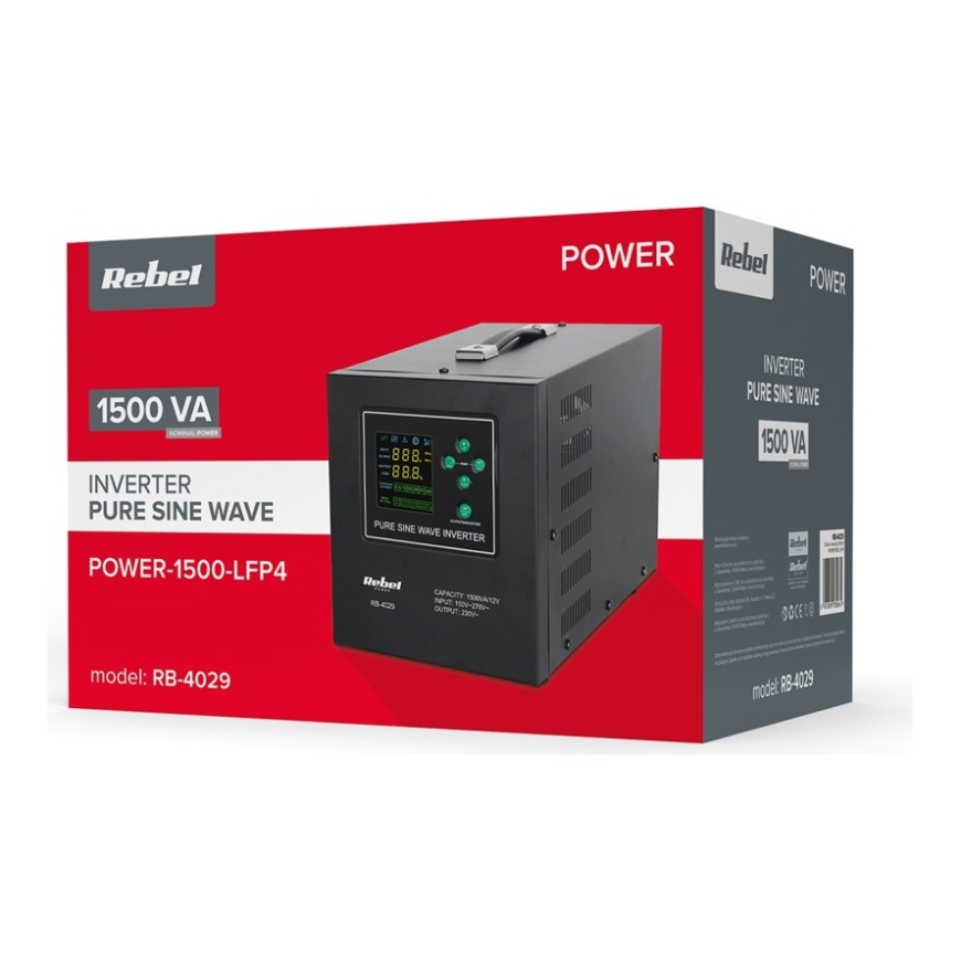 Rebel POWER-1500-LFP4 hätäsähkönsyöttö – puhdas sinimuotoinen taajuusmuuttaja, jossa on 12V lataustoiminto, 230V, 1500VA/1050W – 3