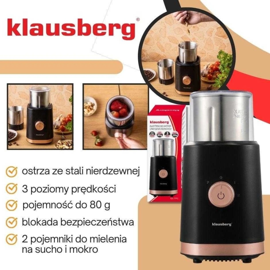 Kavamalė Elektrinė 2 viename elektrinis kavos ir prieskonių malūnėlis, juodas, Klausberg, KB-7992 – 3