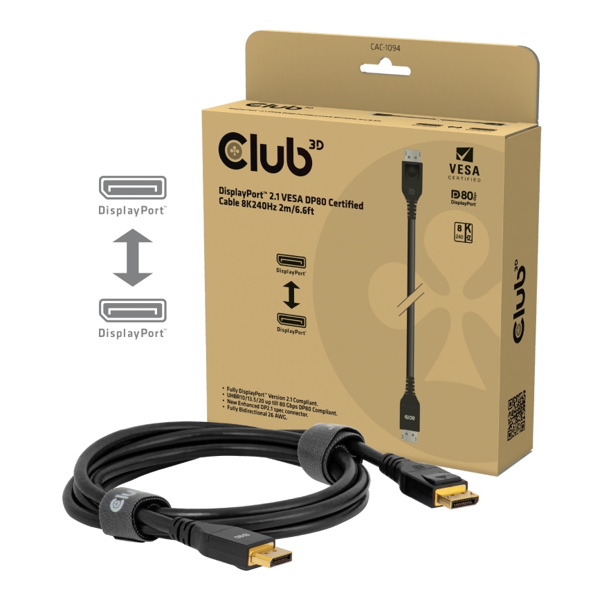 CLUB3D DisplayPort™ 2.1 VESA DP80 Certified Cable 8K240Hz 2m/6.56ft – 2