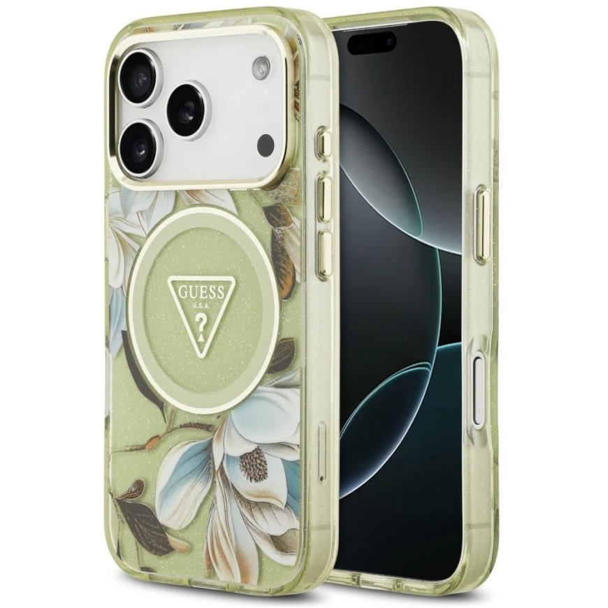 Guess IML Glitter Flowers Triangle MagSafe kott iPhone 18 Pro Max / 17 Pro Max roheline