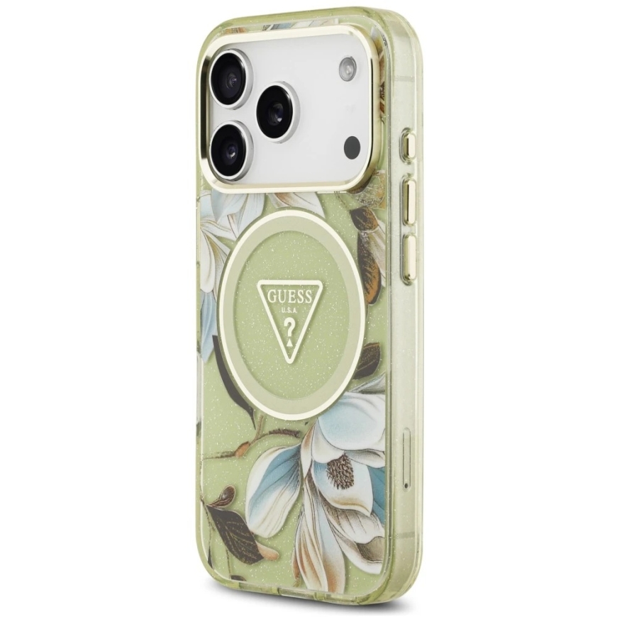 Guess IML Glitter Flowers Triangle MagSafe mac iPhone 18 Pro Max / 17 Pro Max zaļš – 2