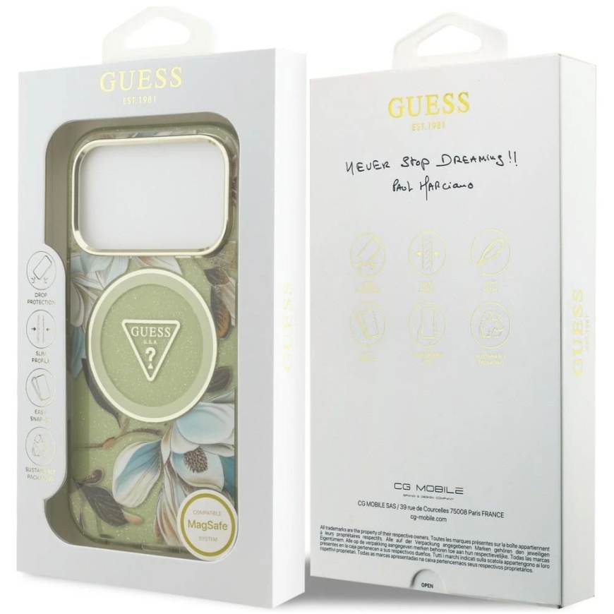 Guess IML Glitter Flowers Triangle MagSafe kott iPhone 18 Pro Max / 17 Pro Max roheline – 5