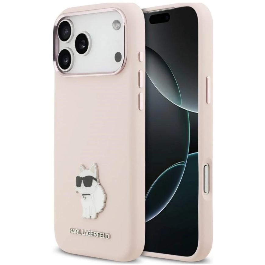 Karl Lagerfeld Silikona Choupette Metal Pin maciņš iPhone 18 Pro Max / 17 Pro Max rozā
