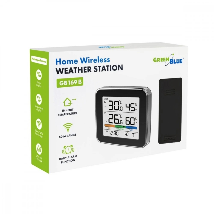 "GreenBlue" traadita ilmapostijaam, temperatuur + niiskuse sisenemine/väljumine, kell + äratus + kuupäev, °C / °F, kuni 60 m, mu – 4