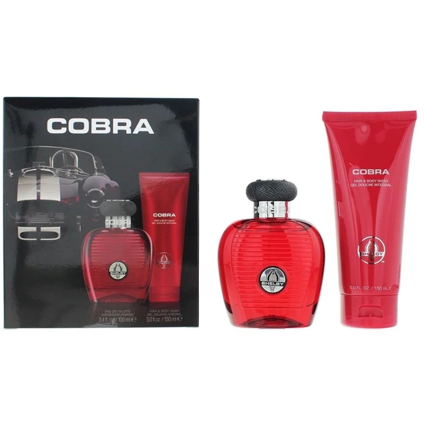 Carroll Shelby -setti: Punainen Cobra 2-in-1 suihkugeeli ja shampoo, 150 ml + Punainen Cobra Eau de Toilette miehille, 100 ml