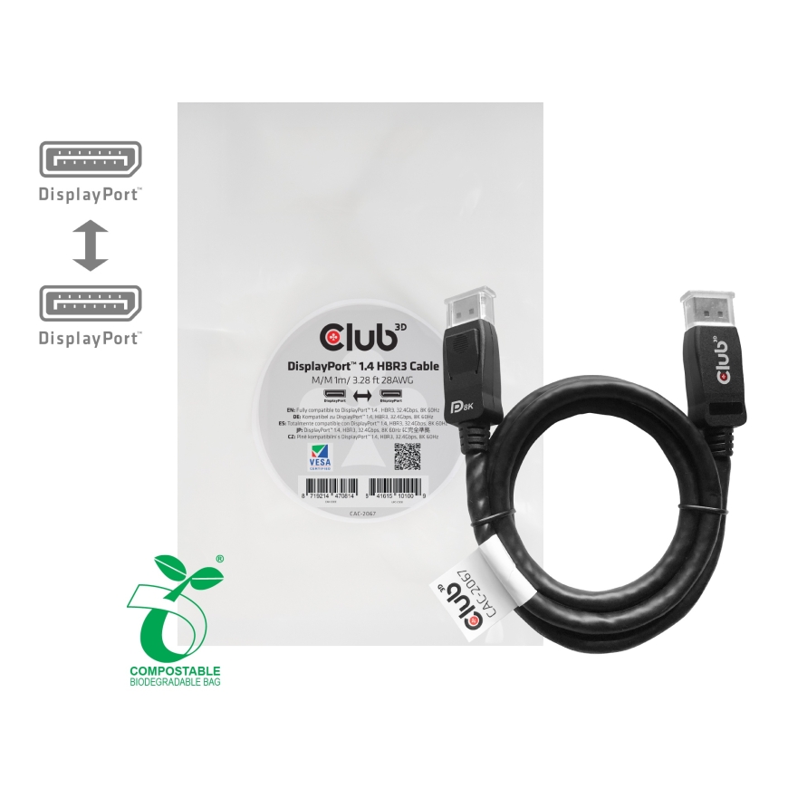 CLUB3D DisplayPort 1.4 HBR3 Cable 1m/3.28ft Male/Male 8K60Hz – 2