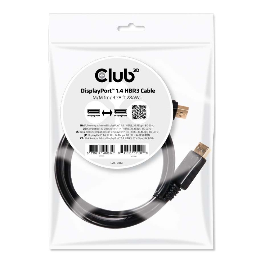 CLUB3D DisplayPort 1.4 HBR3 Cable 1m/3.28ft Male/Male 8K60Hz – 5