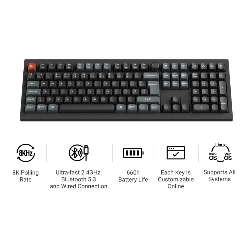 Keychron V6 Ultra 100% 8K Tri-Mode K POM Red belaidė mechaninė klaviatūra, juoda – 4