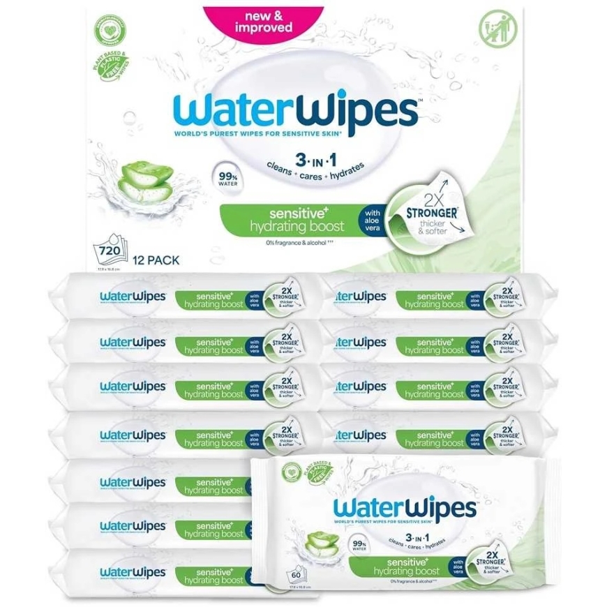 WATER WIPES „Sensitive+ Moisturizing Injection“ puhdistuspyyhkeet aloe veralla, 12 x 60 kpl.