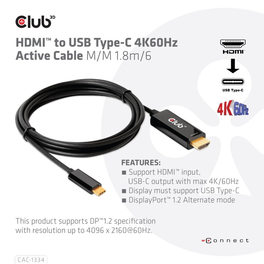 CLUB3D CAC-1334 videokaapeli-adapteri 1,8 m HDMI-tyyppi A (vakio) USB Type-C Musta – 3