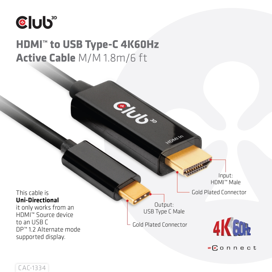 CLUB3D CAC-1334 videokaapeli-adapteri 1,8 m HDMI-tyyppi A (vakio) USB Type-C Musta – 5