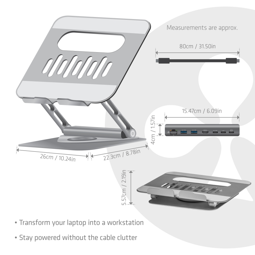 CLUB3D Säädettävä alumiininen kannettavan tietokoneen teline USB-C®-keskittimellä – 2