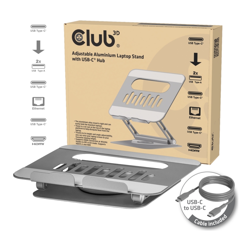 CLUB3D Adjustable Aluminium Laptop Stand with USB-C® Hub – 3