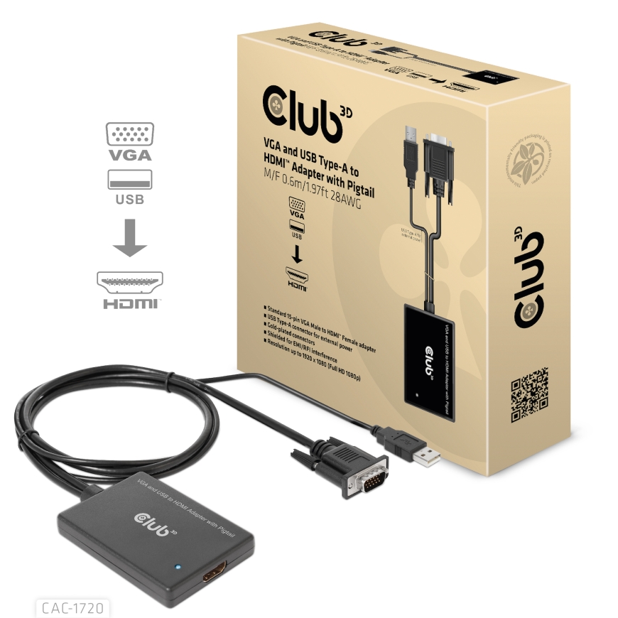 CLUB3D CAC-1720 vaizdo kabelio adapteris 0,6 m HDMI A tipo (standartinis) VGA (D-Sub) + USB Juoda