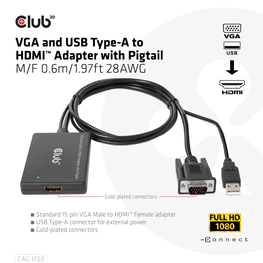 CLUB3D CAC-1720 videokaapeli-adapteri 0,6 m HDMI-tyyppi A (vakio) VGA (D-Sub) + USB Musta – 2