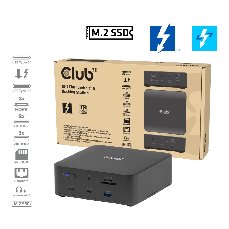CLUB3D CSV-2562 knyginių kompiuterių dokas / jungčių replikatorius Vielinis Thunderbolt 5 Juoda – 2
