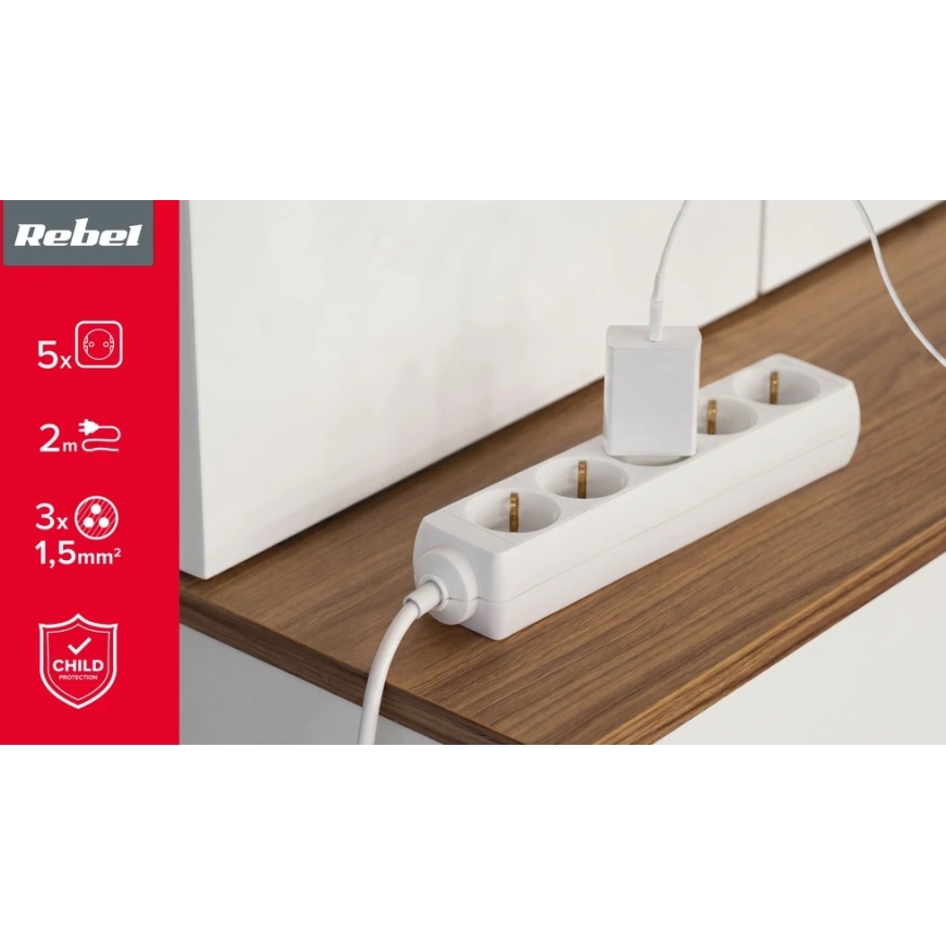 Rebel 2m Saksamaa tüüpi pikendusjuhe 5 pesaga lülitita (3x1.5mm), valge – 3