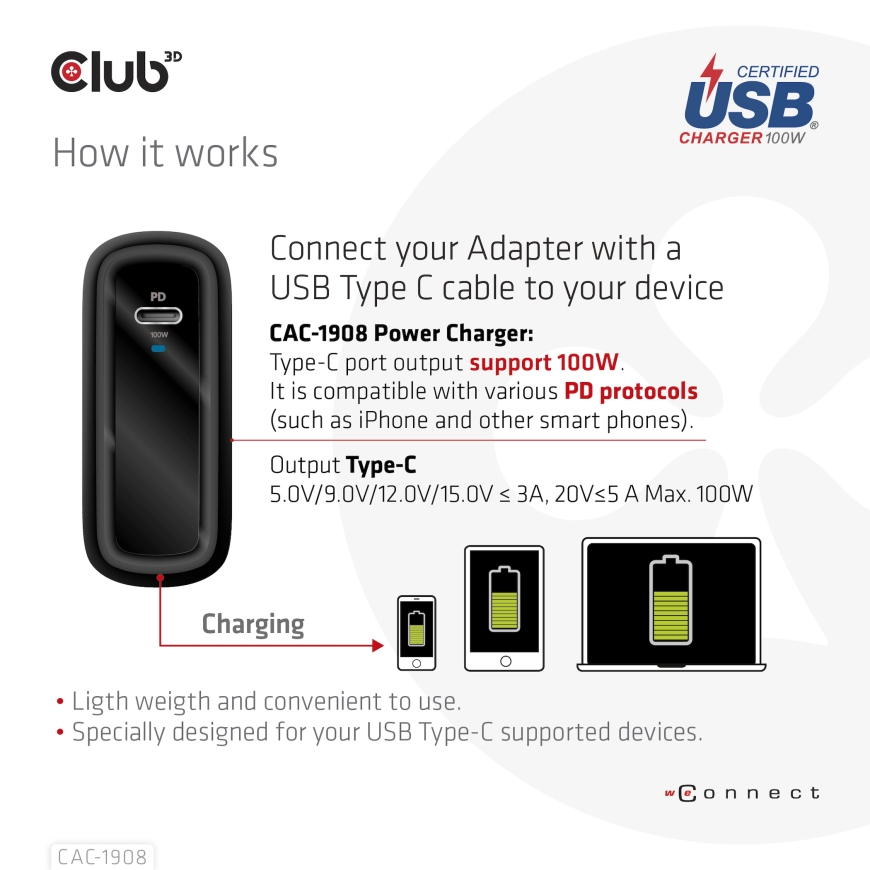 CLUB3D Travel Charger 100 Watt GAN technology, USB-IF TID certified, Single port USB Type-C, Power D – 5