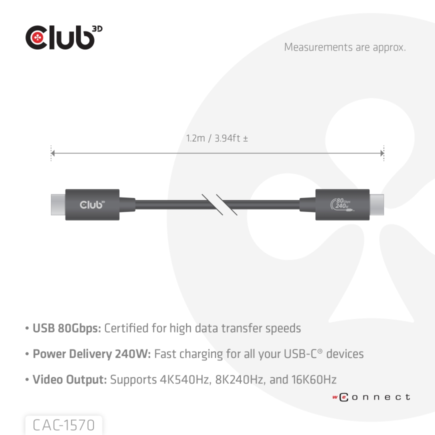 CLUB3D USB 80Gbps Certified 240W 8K240Hz Type-C® 1.2m / 3.94ft Black Cable – 5