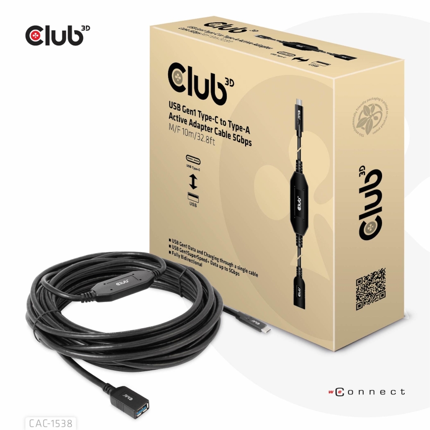CLUB3D CAC-1538 USB kabelis USB 3.2 Gen 1 (3.1 Gen 1) 10 m USB C USB A 5 Gbit/s Juoda