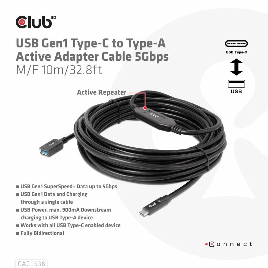 CLUB3D CAC-1538 USB-kaabel USB 3.2 Gen 1 (3.1 Gen 1) 10 m USB C USB A 5 Gbit/s Must – 3