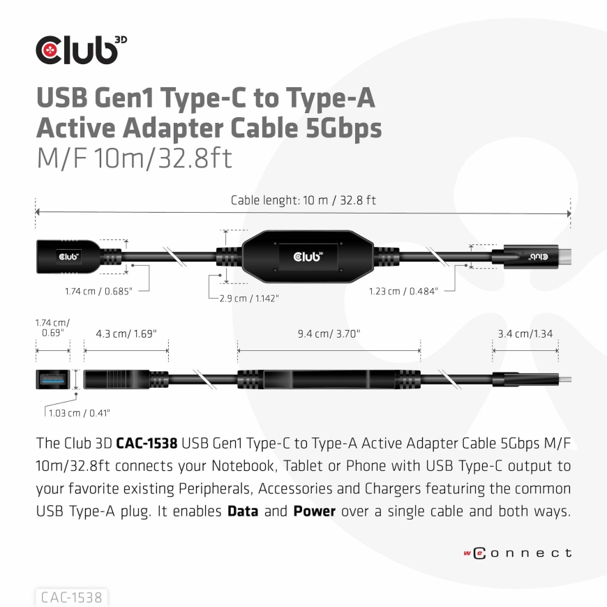 CLUB3D USB Gen1 Type-C to Type-A Active Adapter Cable 5Gbps M/F 10m/32.8ft – 4
