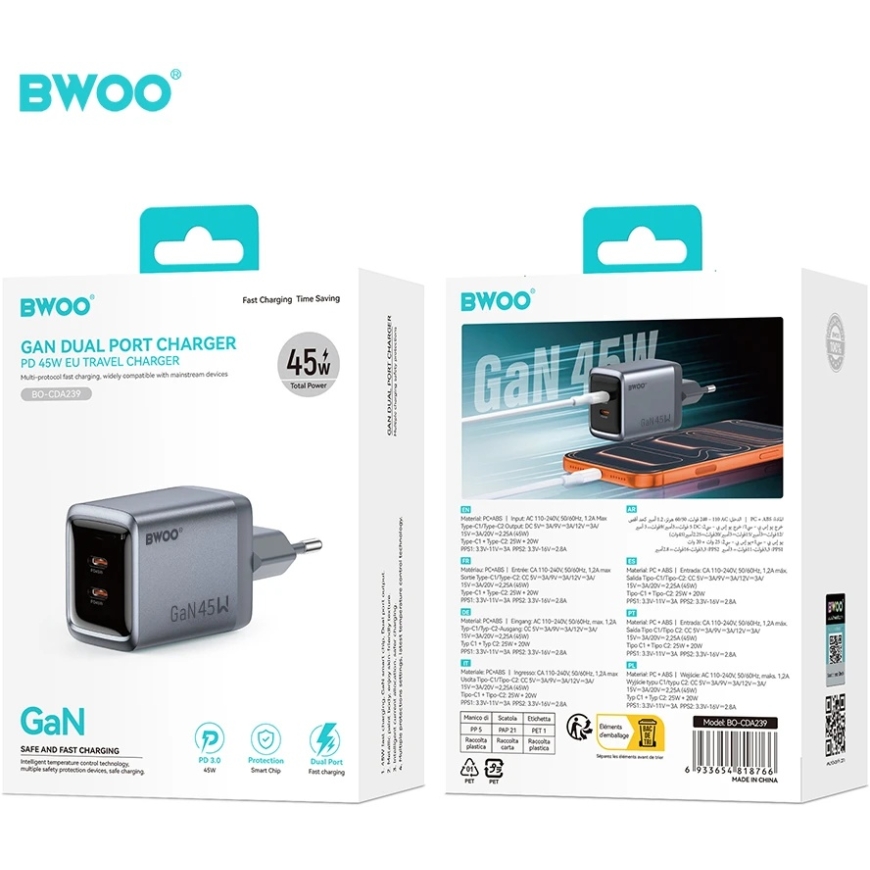 Mathorn BWOO BO-CDA239 seinälaturi 2xUSB-C 3A PD 45W harmaa PPS:n kanssa – 5