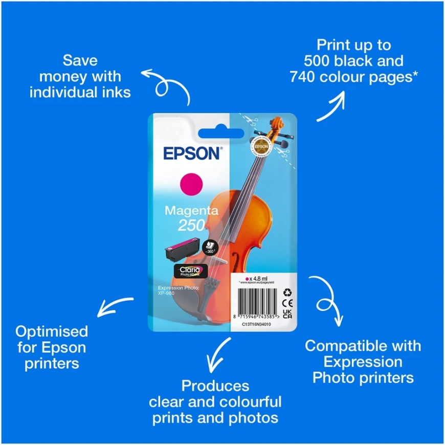 Epson 250 tint - 4,8 ml - lilla - originaal - blisterpakend - tintkassett - fur P/N: C11CL95402 – 3