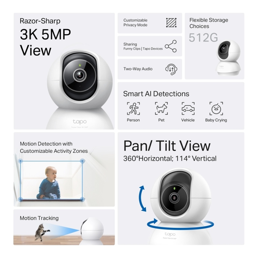 TP-Link Tapo C230 Lemputė IP apsaugos kamera Vidaus 2880 x 1620 pikseliai Prie lubų / stalo – 3