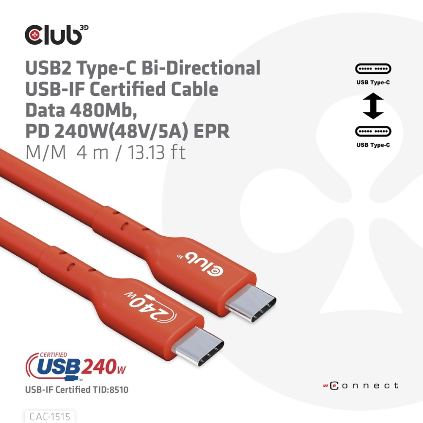 CLUB3D CAC-1515 USB kabelis USB 2.0 4 m USB C 240 W Oranžinė – 3