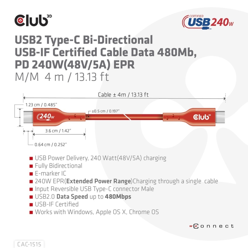 CLUB3D CAC-1515 USB кабель USB 2.0 4 m USB C 240 W Оранжевый – 4