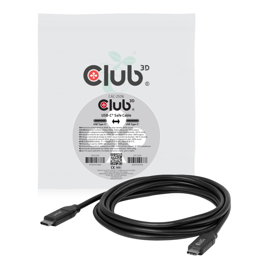 CLUB3D CAC-2506 USB кабель 2 m USB C 0 Gbit/s 240 W Черный