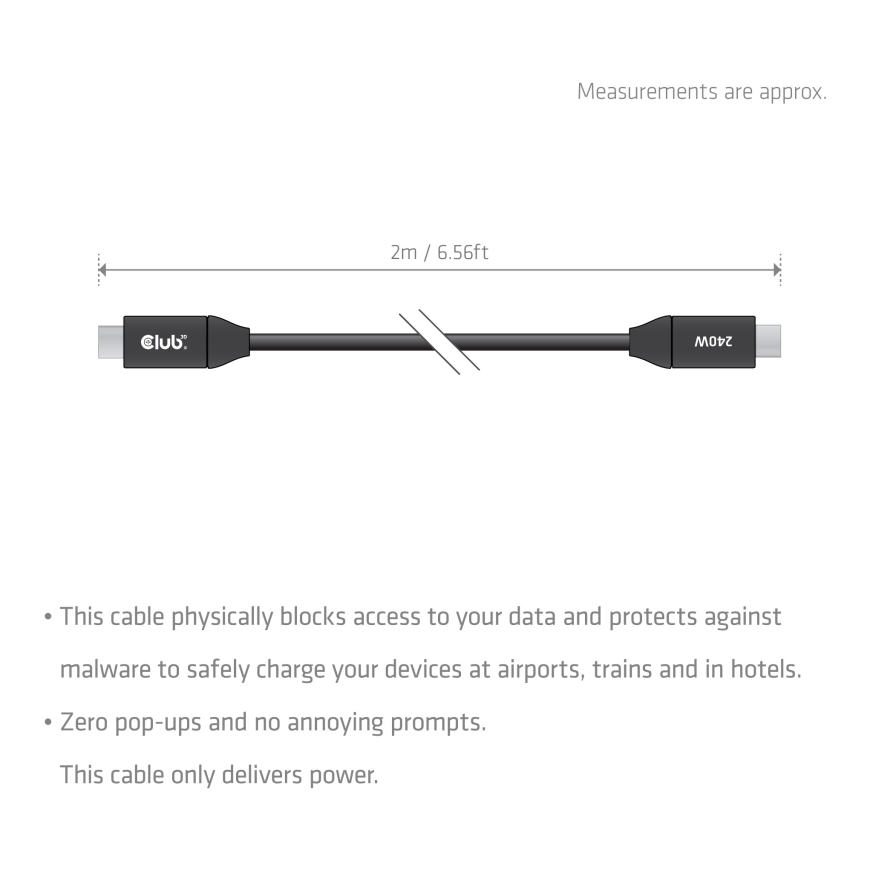 CLUB3D USB-C® -turvakaapeli 240 W, ei dataa, 2 m / 6,56 jalkaa jalustalla – 3