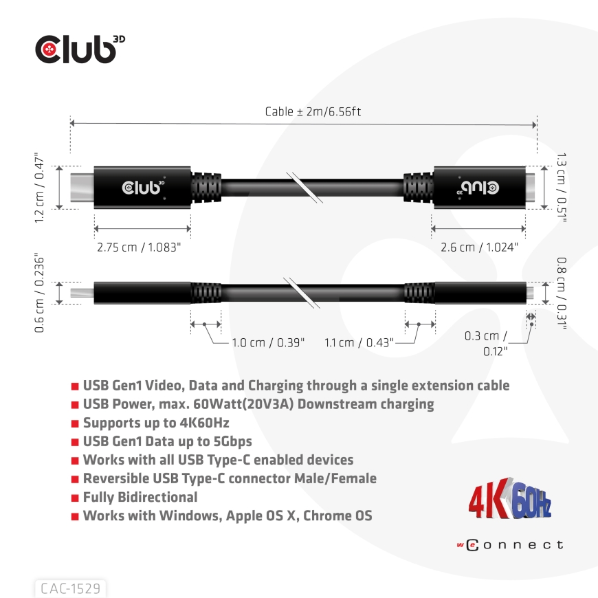 CLUB3D CAC-1529 USB-kaabel USB 3.2 Gen 1 (3.1 Gen 1) 2 m USB C 5 Gbit/s 60 W Must – 4