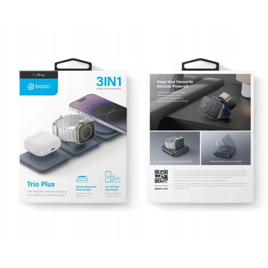 ENERGEA Bazic GoMag Trio Plus kompakts salokāms 3-in-1 bezvadu lādētājs 15W ātrā uzlāde tumši zils – 2