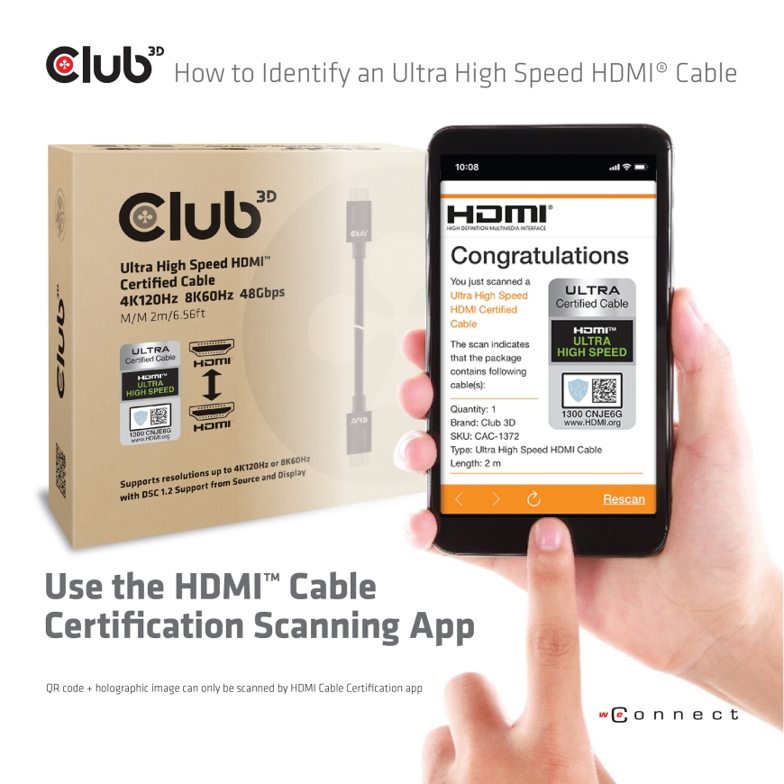 CLUB3D Ultra High Speed HDMI 4K120Hz, 8K60Hz Cable 48Gbps M/M 3 m/ 9.84ft – 2