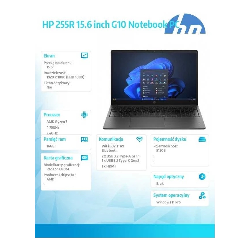 HP 255R G10 15.6 FHD 7735U 16GB 512SSD EN W11 Silver D4TJ0ET