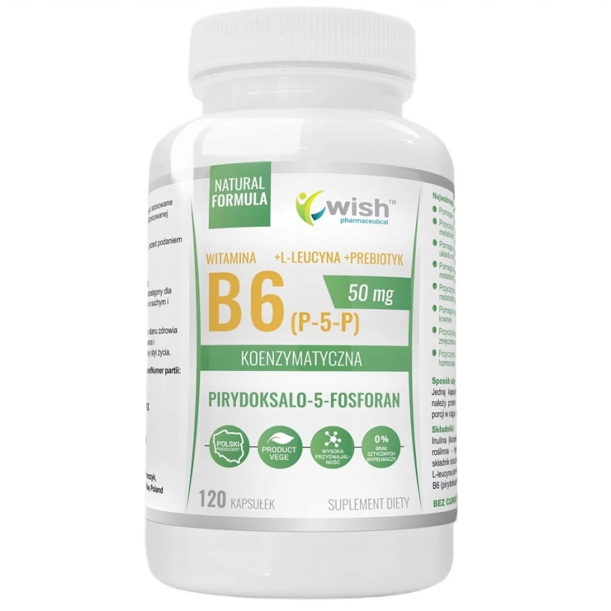 Wish Pharmaceutical B6 vitamīns (P-5-P) 50 mg kofermentu veidā + L-leicīns + prebiotikas, uztura bagātinātājs, 120 kapsulas