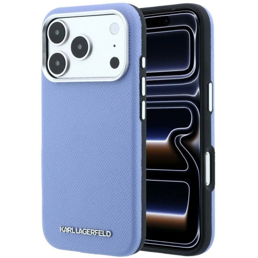 Karl Lagerfeld Tekstureeritud Nahast Pikendatud Logo MagSafe Kott iPhone 17 Pro / 18 Pro jaoks - Sinine