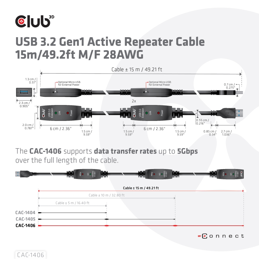 CLUB3D CAC-1406 USB-kaabel USB 3.2 Gen 1 (3.1 Gen 1) 15 m USB A 5 Gbit/s Must – 5