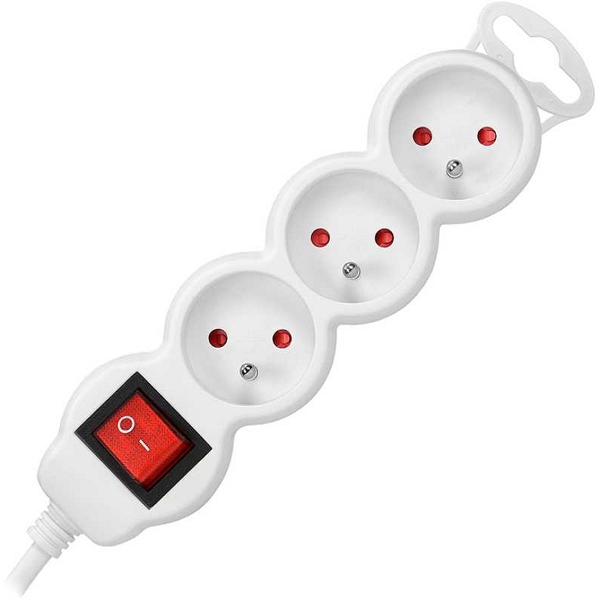Orno 3-way extension cord 2P+Z with switch, 3m H05VV-F 3x1.5mm2, Imax16A, flat plug, white – 3