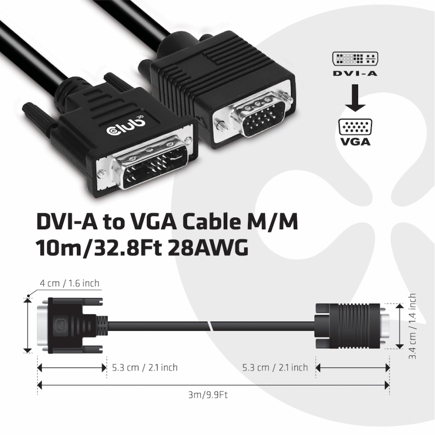 CLUB3D DVI-A TO VGA CABLE M/M 3m/ 9.8ft 28 AWG Melns – 3