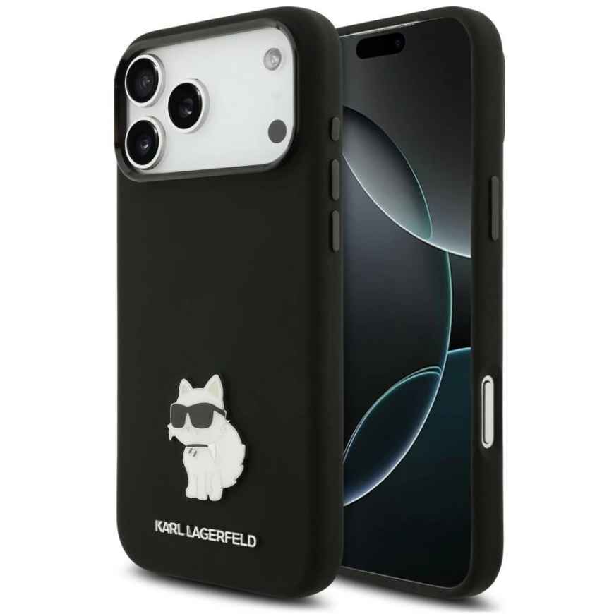 Dėklas Karl Lagerfeld Silicone Choupette Metal Pin iPhone 18 Pro Max / 17 Pro Max juoda